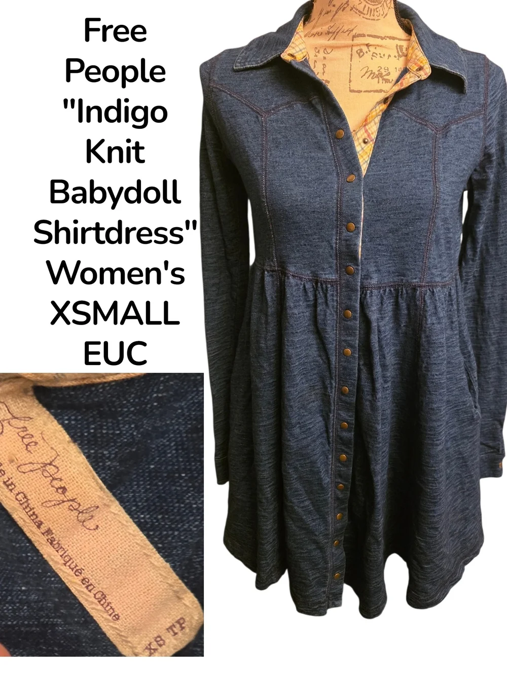Free People Indigo Knit Babydoll Shirtdress XSMALL EUC